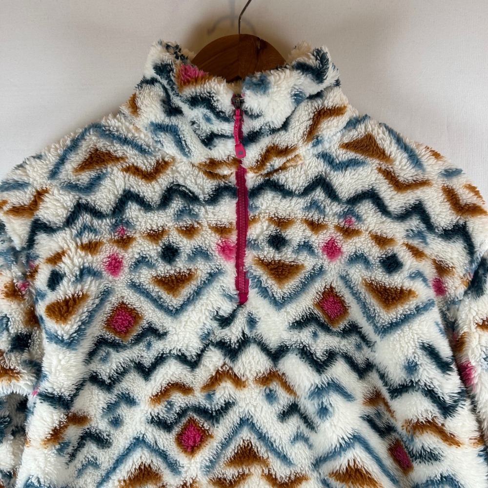 Eddie Bauer Womens Small Faux Fur Pullover Aztec Print Quarter Zip Pink Trim‎ - Picture 10 of 14